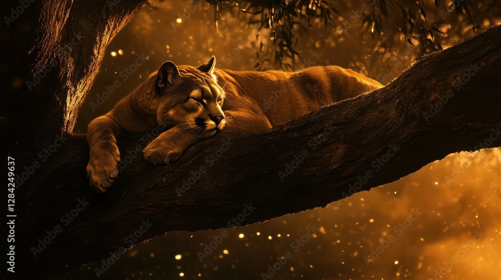 Poster serene puma resting on tree branch in golden twilight forest setting
