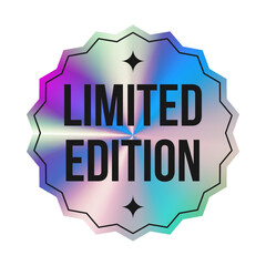 Holographic Sticker. Label with holographic Neon effect. Shiny rainbow purple emblem Limited Edition. Isolated Vector template