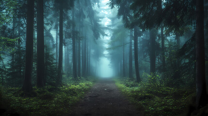 Obraz premium misty forest pathway tall trees