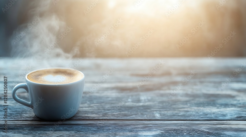 Poster a steaming cup of coffee placed on a rustic wooden table in a cozy warm atmosphere : generative ai