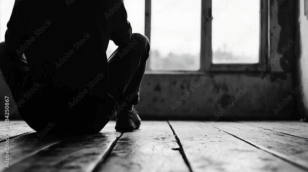 Poster Contemplative figure sitting alone by the window in an abandoned building evoking a sense of solitude : Generative AI