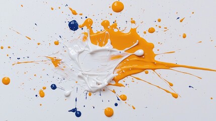 Obraz premium Vibrant orange, white, and blue paint splattering and colliding on a clean white surface.