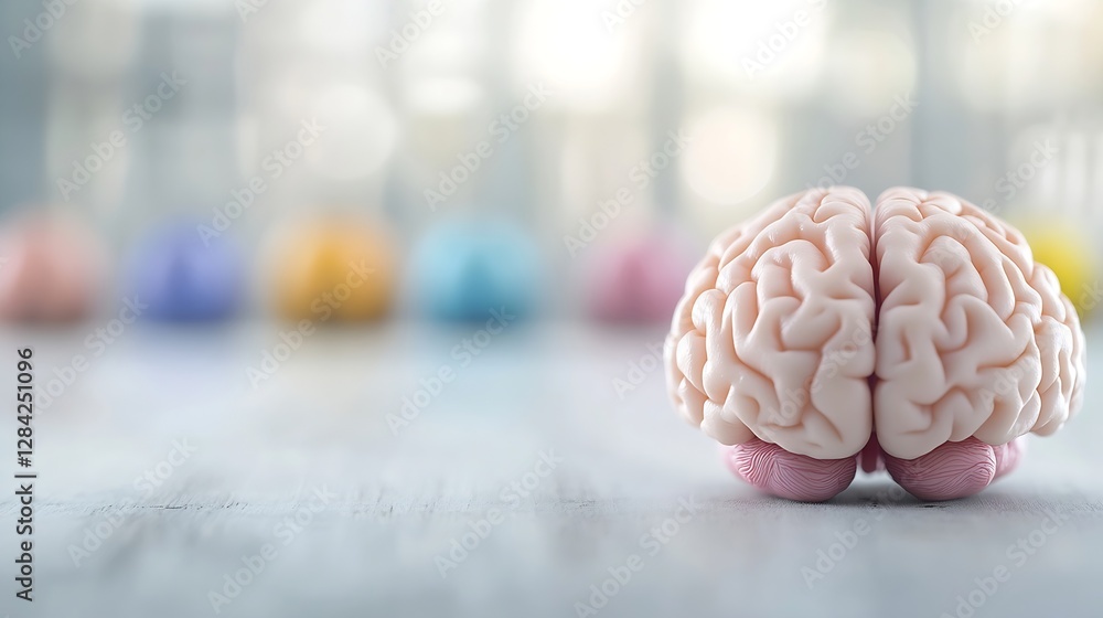 Poster vivid image of a brain model set on a wooden surface with colorful blurred shapes in the background 