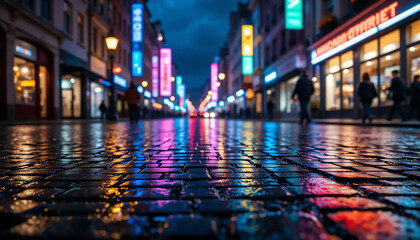 Fototapeta premium City Lights and Reflections: A captivating urban scene unfolds at night, where neon signs and streetlights illuminate the wet cobblestone street, creating a vibrant symphony of color.