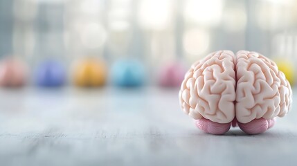 Vivid image of a brain model set on a wooden surface with colorful blurred shapes in the background : Generative AI