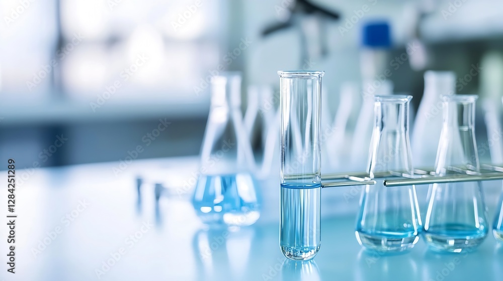 Poster Laboratory glassware with blue liquid arranged on a table representing scientific research and experiments : Generative AI