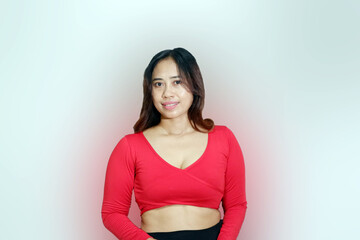 Happy Asian Woman Over white Background. Smiling girl after Fitness Workout. Healthy lifestyle concept.