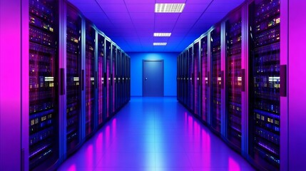 Futuristic server room with glowing light, showcasing technology and data management