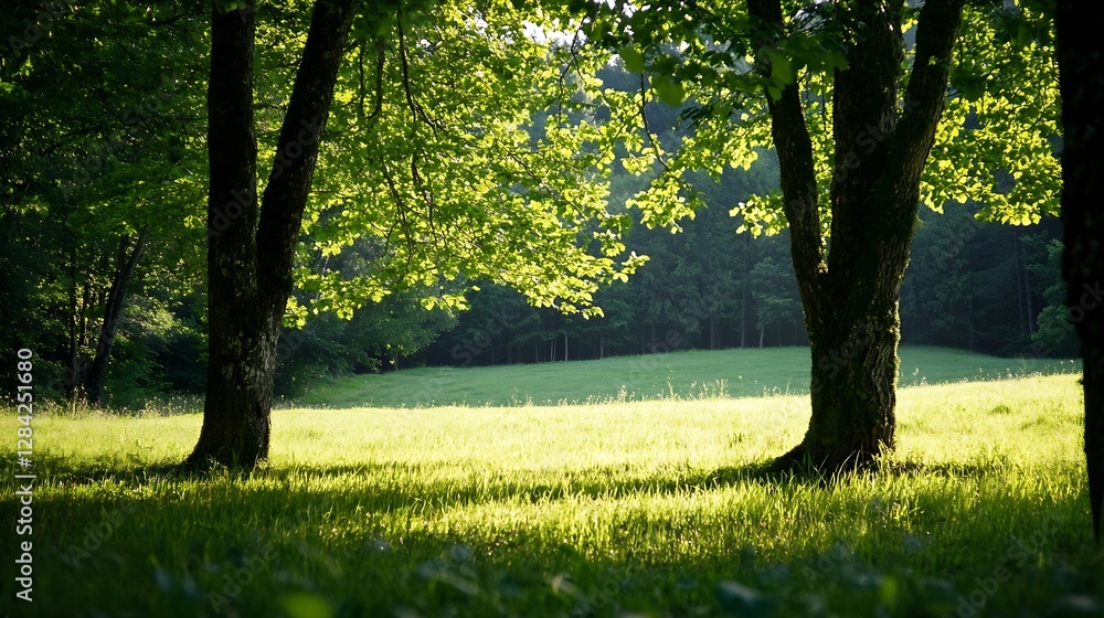 Poster Sunlight streaming through lush green trees in a peaceful forest setting creating a serene atmosphere : Generative AI