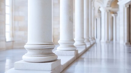 Elegant view of classic marble columns lining a spacious hall with a polished floor in an architectural masterpiece : Generative AI
