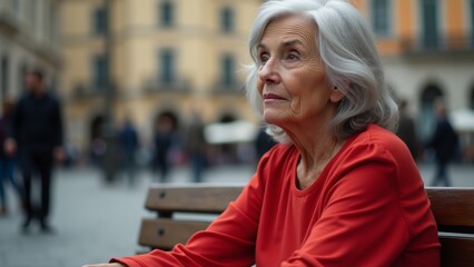 Fototapeta premium portrait elderly woman sitting wooden bench she wearing red long sleeved shirt has shoulder length white hair woman looking off side thoughtful expression her face background buildings people walking