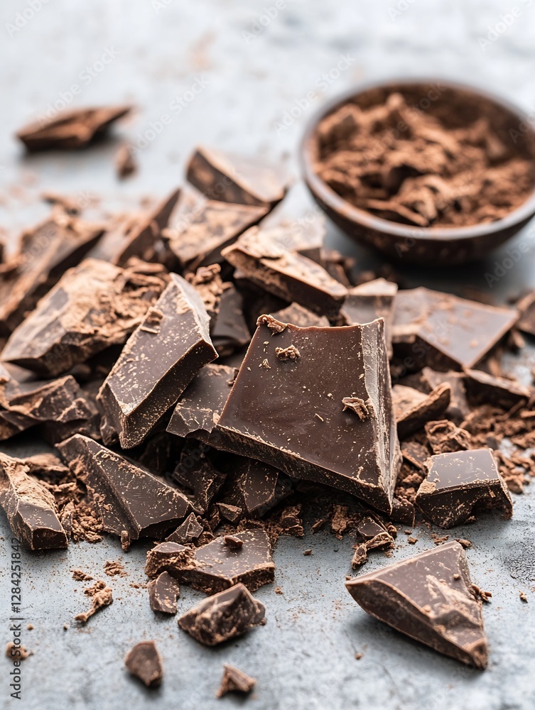 Poster delicious dark chocolate pieces scattered on a table with cocoa powder in a bowl : generative ai