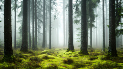 Fototapeta premium Enchanting scene of a scandinavian forest with towering ancient trees draped in green moss, a misty atmosphere enhancing the woodland mystique. Misty Forest of Whispers. Illustration