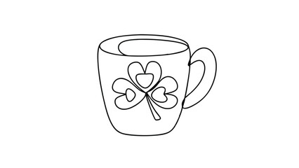 Line drawing of a coffee mug decorated with a shamrock. Simple, minimalist design. Perfect for St. Patricks' Day or Irish themed projects. Clean lines, singleline art style.