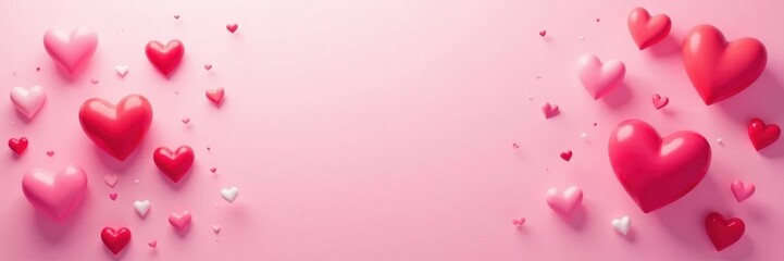Scattered hearts, various sizes and shades of red, pink, and white on a pastel pink background , art, red hearts, pattern