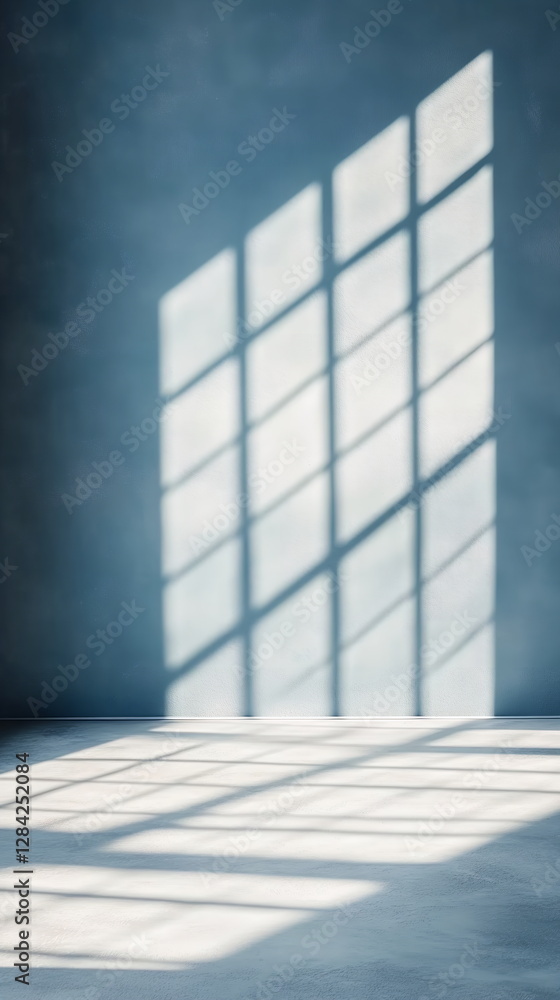 Poster horizontal shadows from a large window crossing soft blue wall. neutral light filling a simple, empt