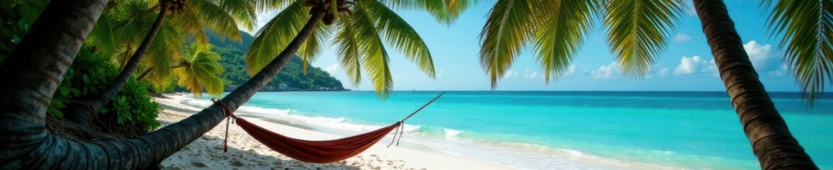 Serene coastal hammock scene; swaying palms, turquoise waves , idyllic, summer