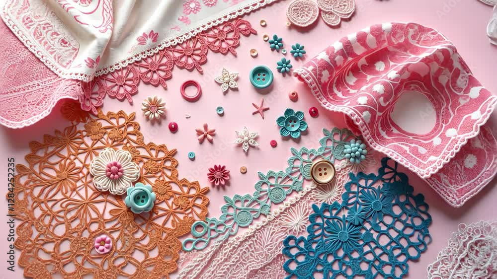 Poster a pink, orange, and blue lace with a bunch of buttons on it. the buttons are of different colors and