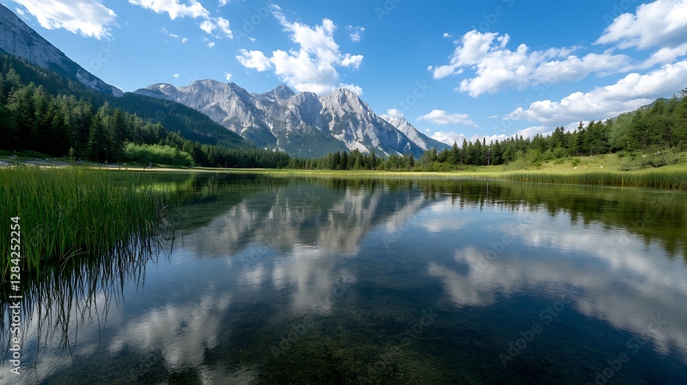 Aufkleber breathtaking reflection of mountains in serene lake surrounded by lush trees and vibrant grass : gen