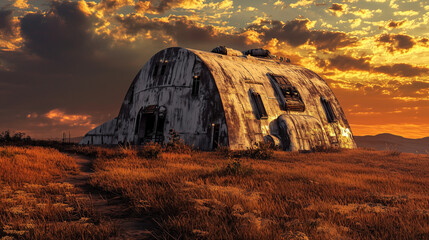 Abandoned Quonset hut in golden sunset light, surrounded by dry grass and a dramatic sky, evoking a post-apocalyptic mood