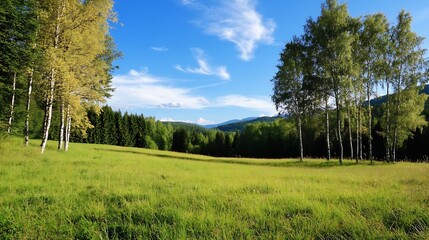 Obraz premium Scenic Landscape with Birch Trees and Lush Green Meadow Under a Clear Blue Sky : Generative AI