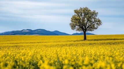 Obraz premium Lone Tree Standing Tall in Expansive Yellow Flower Field Against Dramatic Mountain Background : Generative AI