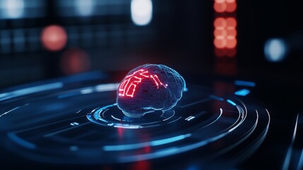 Futuristic digital brain model illuminated in a high-tech environment with glowing interfaces