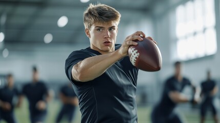 Quarterback training in a sports complex with focus on throwing speed drills. Featuring technique and precision