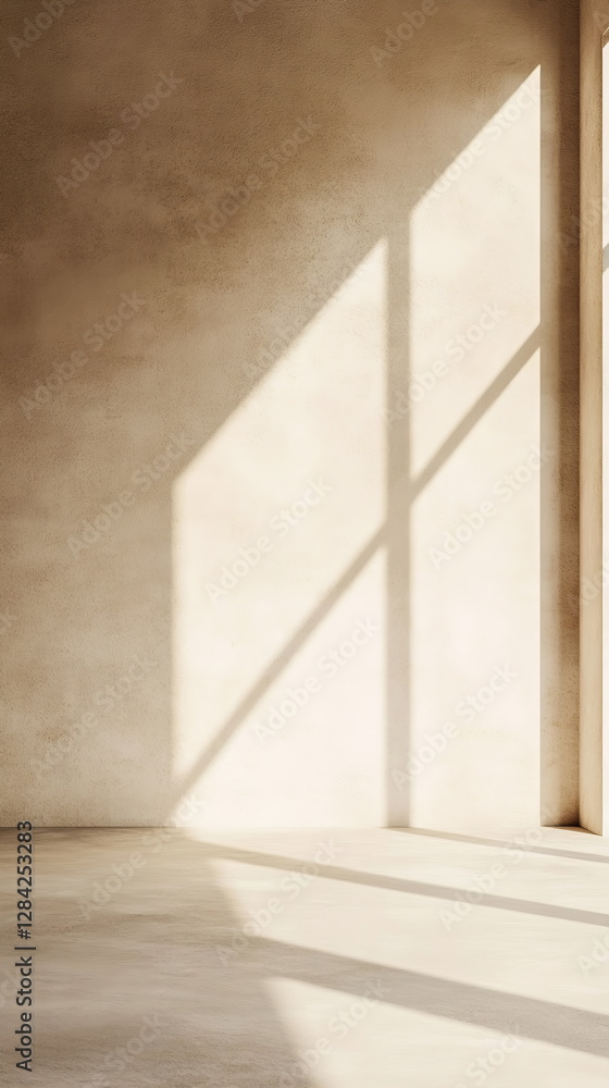 Aufkleber light and shadow from a large window spreading across a textured sandy-colored wall. minimalist open