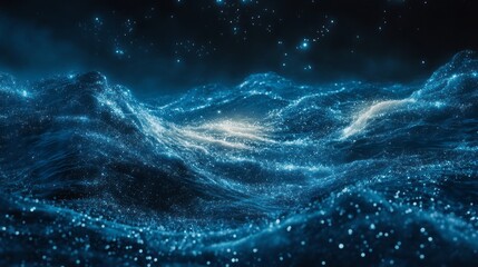 Abstract Wavy Blue Background with Glittering Particles and Geometric Shapes Design
