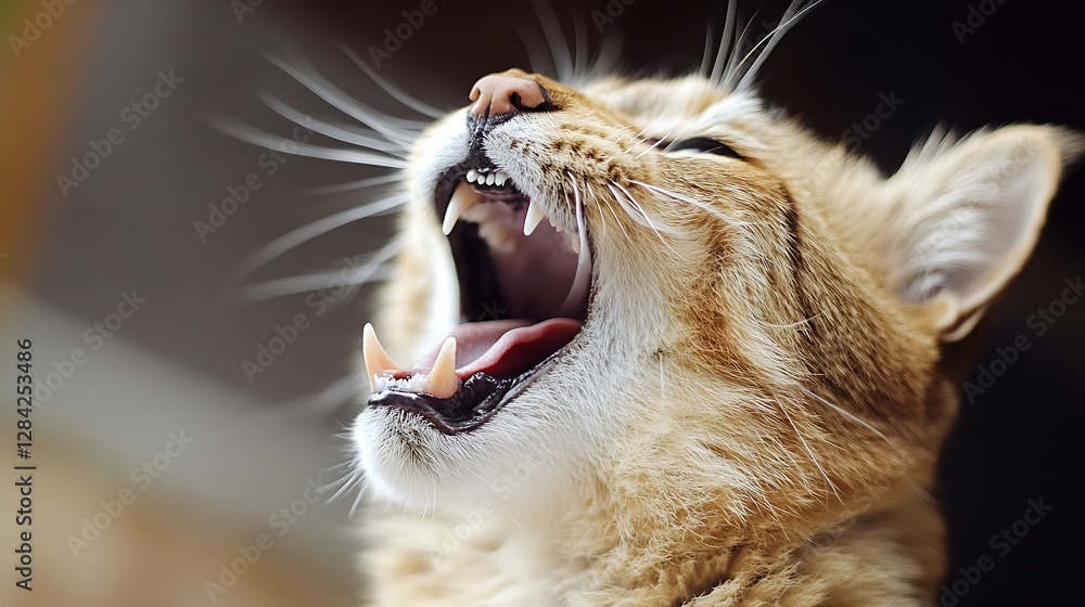 Poster Close Up of a Cat Yawning Showcasing Sharp Teeth and Zoo Photography Techniques : Generative AI