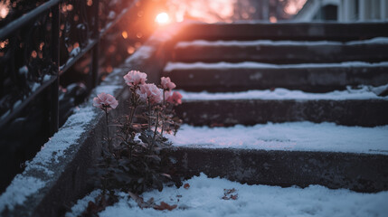 Fototapeta premium Pink flowers blooming through snow-covered stairs at sunrise, symbolizing resilience and hope in a winter setting