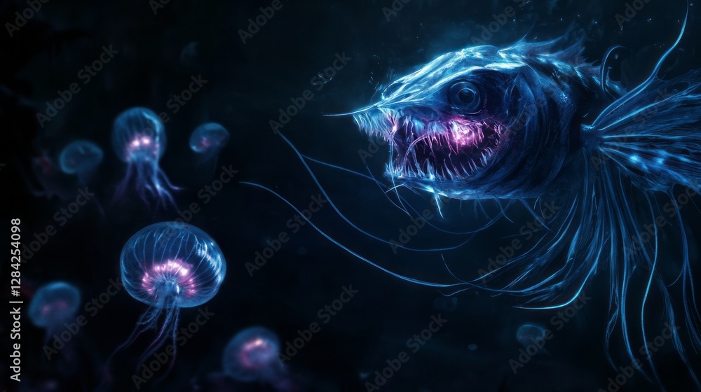 Wall mural deep sea anglerfish illuminated with bioluminescent jellyfish in dark ocean
