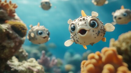 Cute Cartoon Pufferfish Swimming in Vibrant Coral Reef