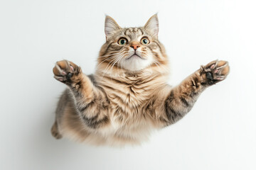 Fluffy cat reaching out with extended paws in an acrobatic leap
