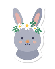 Fototapeta premium Stylized gray rabbit with pink inner ears and a floral crown of green leaves and black flowers with yellow centers on a plain black background.