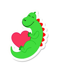 Obraz premium A cartoon style green dinosaur with red spines hugs a large pink heart. The design features a white outline and vibrant colors on a black background.