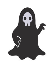 Fototapeta premium A stylized ghostly figure with a black amorphous body, white skull like face, and claw like arms, set against a solid black background.