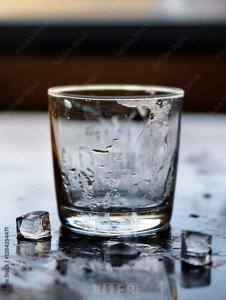 Aufkleber Refreshing glass with ice cubes on a wet table reflecting coolness and thirstquenching vibes : Generative AI