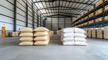 Warehouse Interior Showing Rows Of Stacked Sacks On Pallets Under Metal Ceilings And Steel Structure