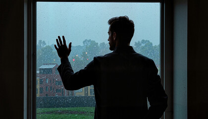 Silhouette touching raindrops on window, contemplative solitude