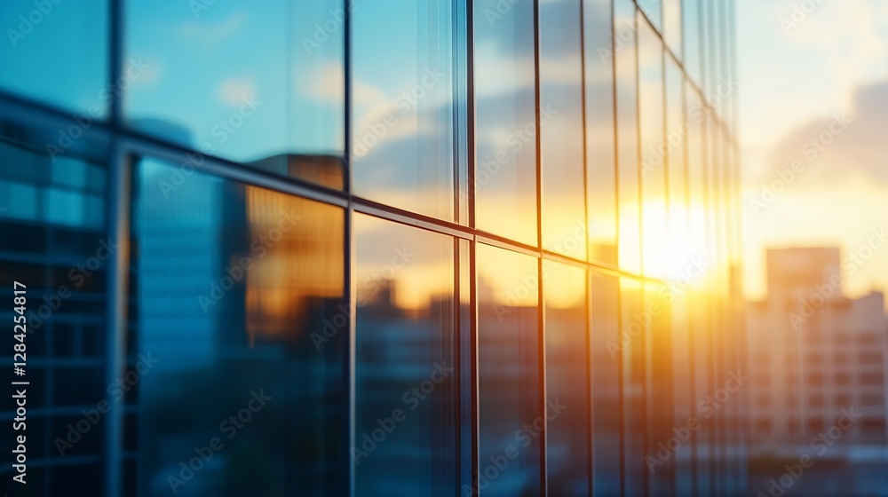 Poster dramatic reflection of a setting sun on glass buildings showcasing modern urban architecture at dusk