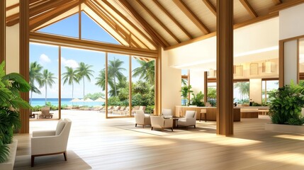 Fototapeta premium Spacious tropical resort lobby with large windows, ocean view, and lush greenery in background
