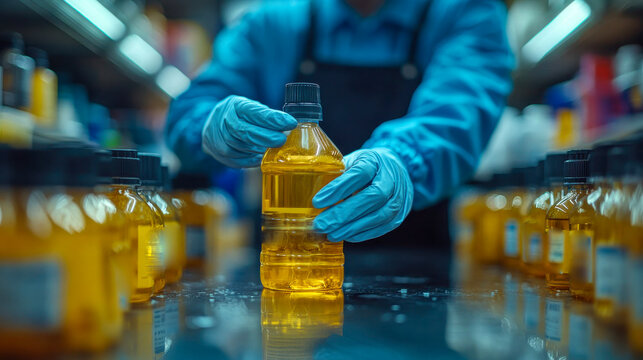 A worker in protective gloves handling a bottle of yellow liquid in a laboratory setting, surrounded by other bottles
