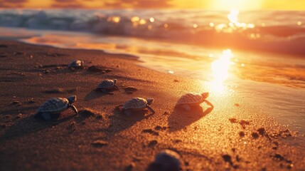Group of Baby Sea Turtles Crawling on Sand at Sunset on a Beach