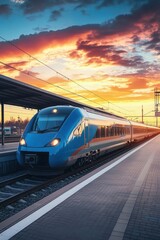 Naklejka premium Modern high-speed train departing from the station at sunset, creating a breathtaking scene filled with vibrant colors and dynamic motion, capturing the essence of urban transportation