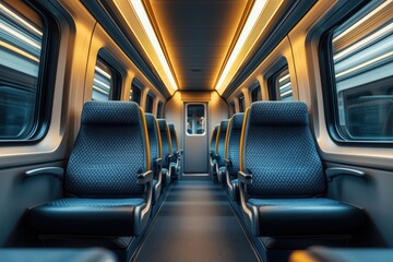 Fototapeta premium Comfortable blue passenger seats align within a brightly lit, contemporary train car, creating an inviting atmosphere for enjoyable travel and efficient commuting experiences