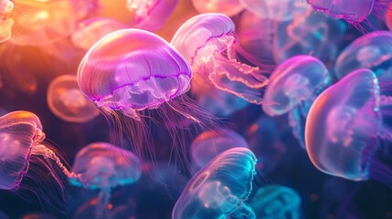 Naklejka premium Illuminated Jellyfish Floating Gracefully in Dark Blue Ocean with Soft Light