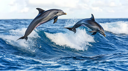 Fototapeta premium Two Dolphins Leaping Above Blue Ocean Water with Foaming Waves in Sunlight
