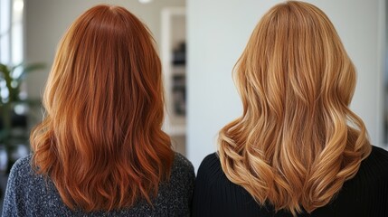 Naklejka premium Comparison of Two Hairstyles in Natural Indoor Setting with Different Colors
